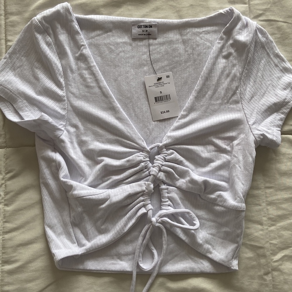 Cotton On White Short Sleeve Cropped Lace-Up Cut Out Baby Tee Size Small